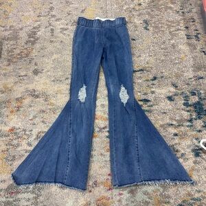 Lucky & Blessed Dark Blue Flare Jeans with Distressed Knees